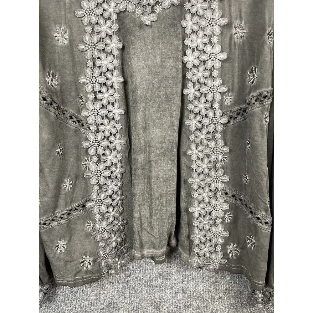 POL Embroidered Lace Trim Blouse Oversize Long-Sleeve lace Cuffs Charol Gray L - Picture 3 of 13